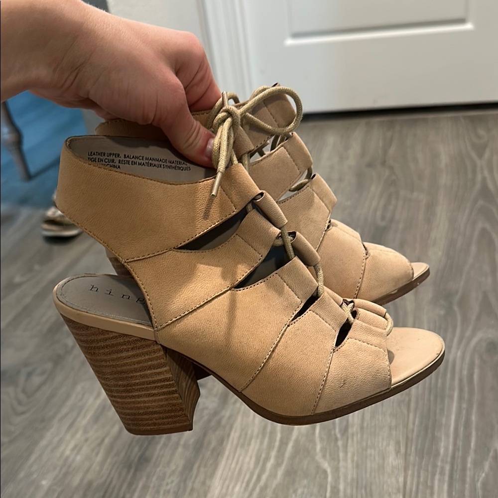 Hinge Tan Heeled Booties with Crisscross Straps